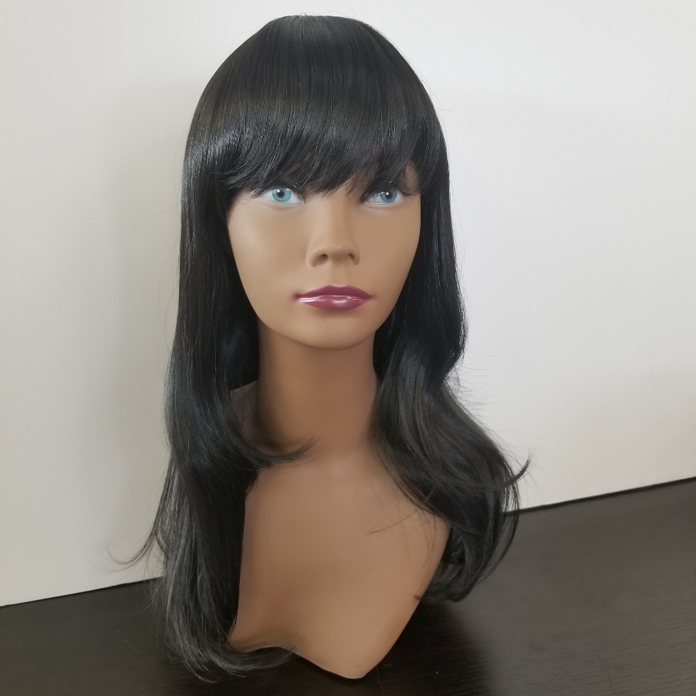 Black sleek synthetic wig with bangs
